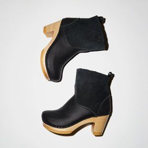 No.6 Pull On Shearling Clog Boot on High Heel in Black Suede NWT